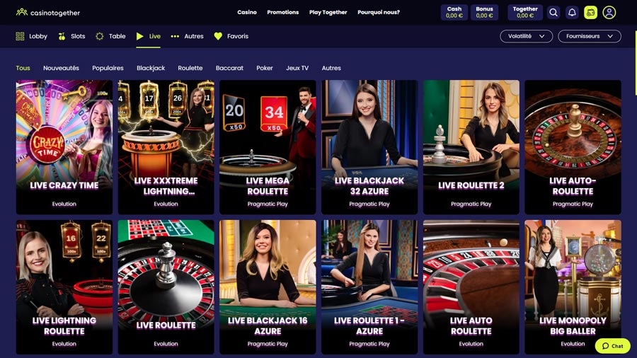 Live casino jeux Evolution, Pragmatic Play Live, du casino Together