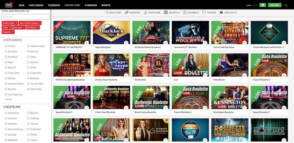 Jeux de table et Jeux en direct sur StarCasino